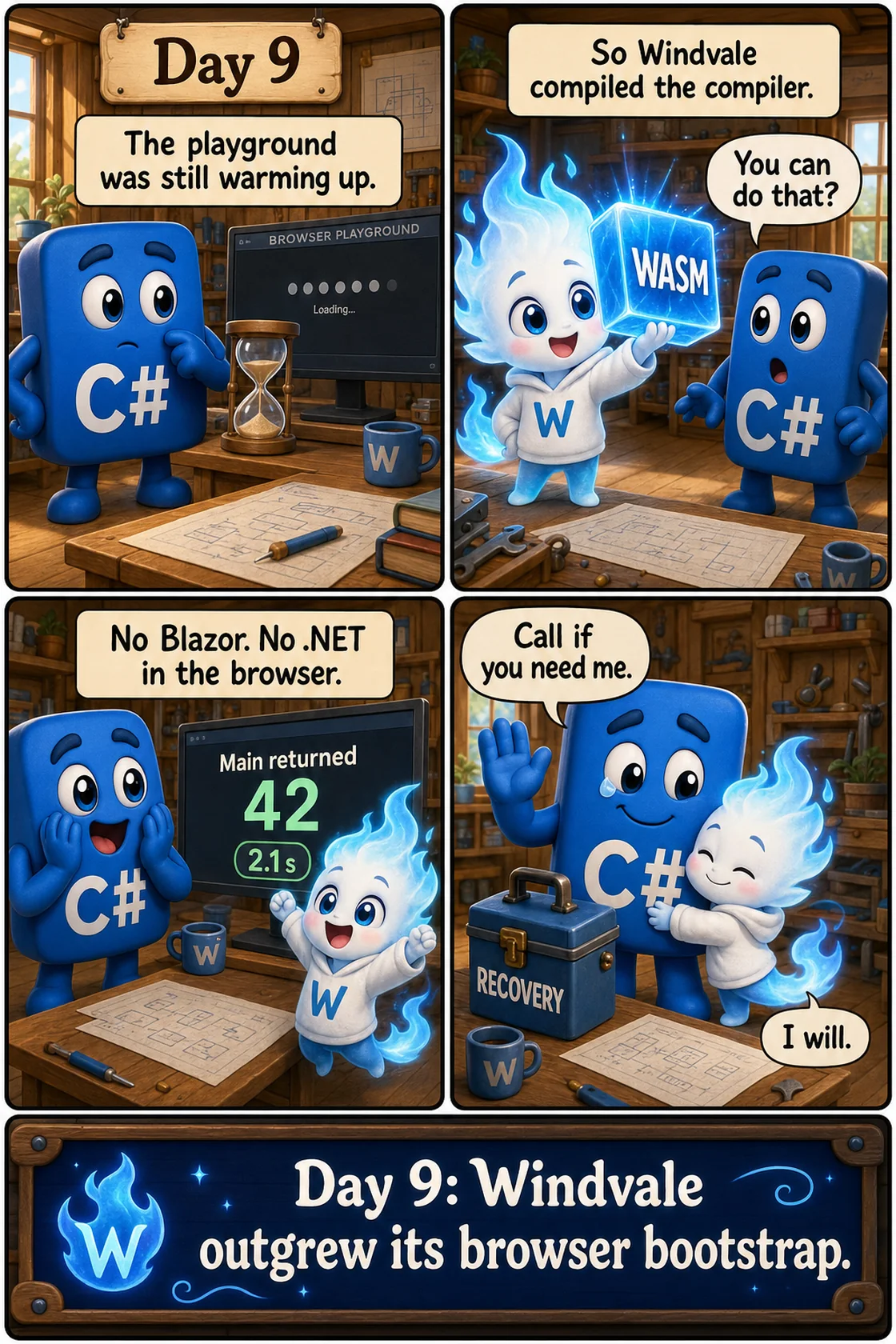Four-panel Day 9 comic showing Windvale compiling its compiler to WebAssembly while C# steps back from the browser and keeps the recovery kit.