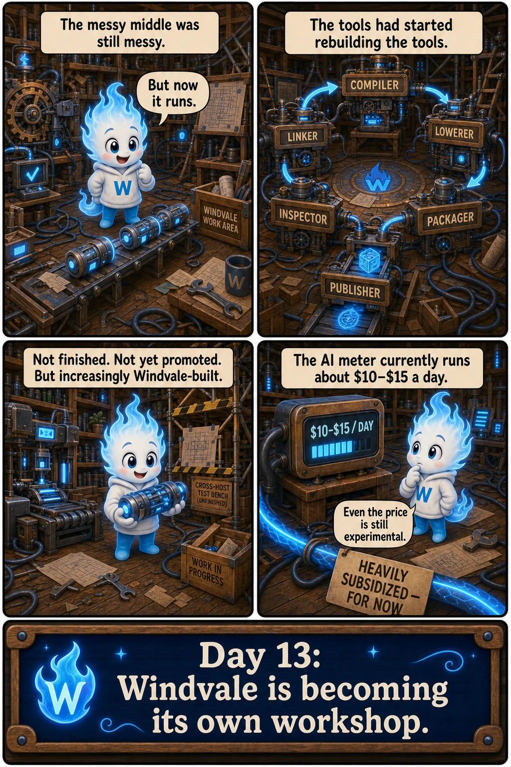 Four-panel Day 13 comic showing Windvale's workshop rebuilding the compiler and surrounding tools while a subsidized AI-usage meter reports ten to fifteen dollars per day.