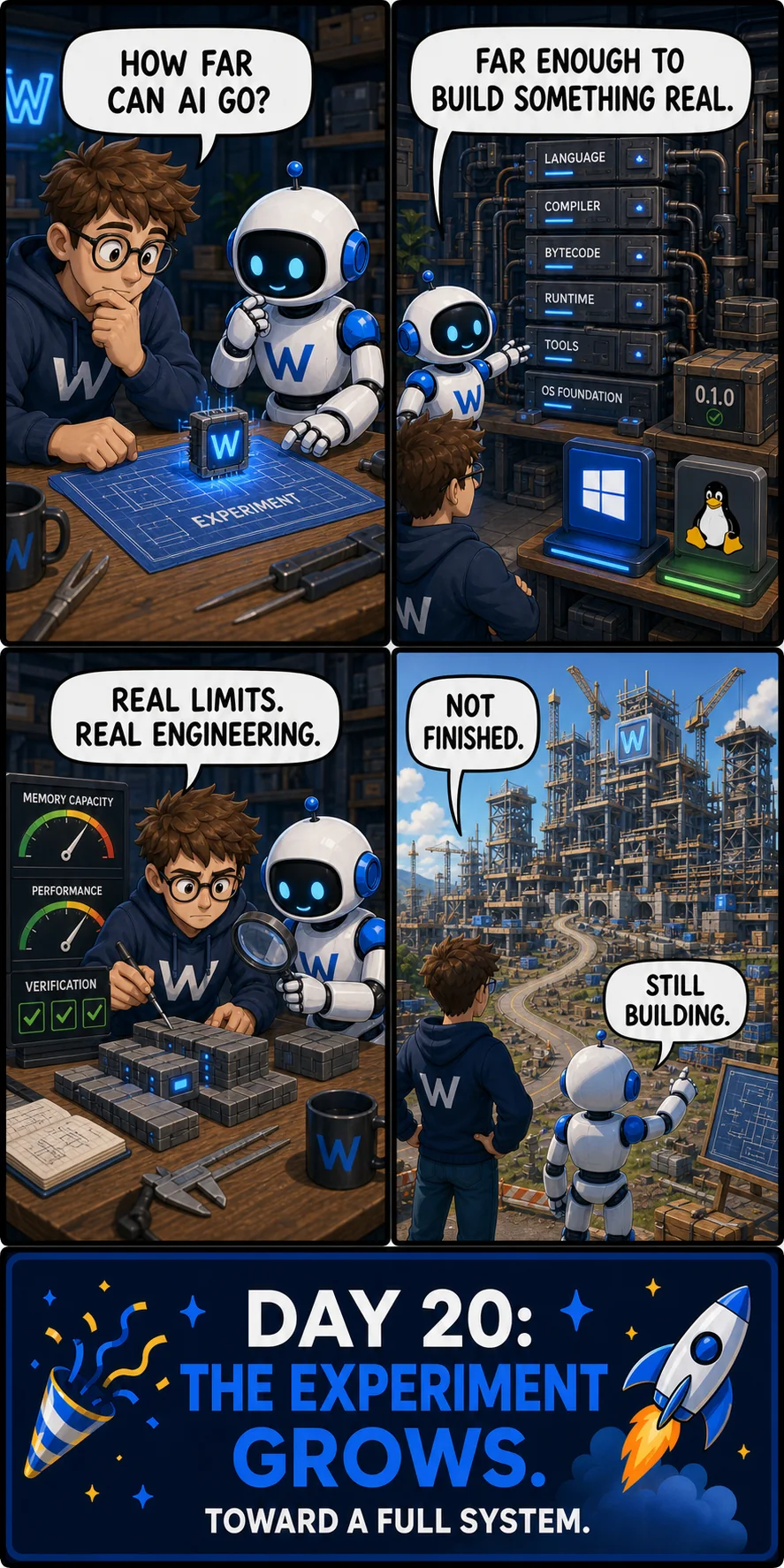 Four-panel Day 20 comic tracing Windvale's initial AI feasibility phase through a working system stack, measured engineering limits, and an unfinished full-system build.