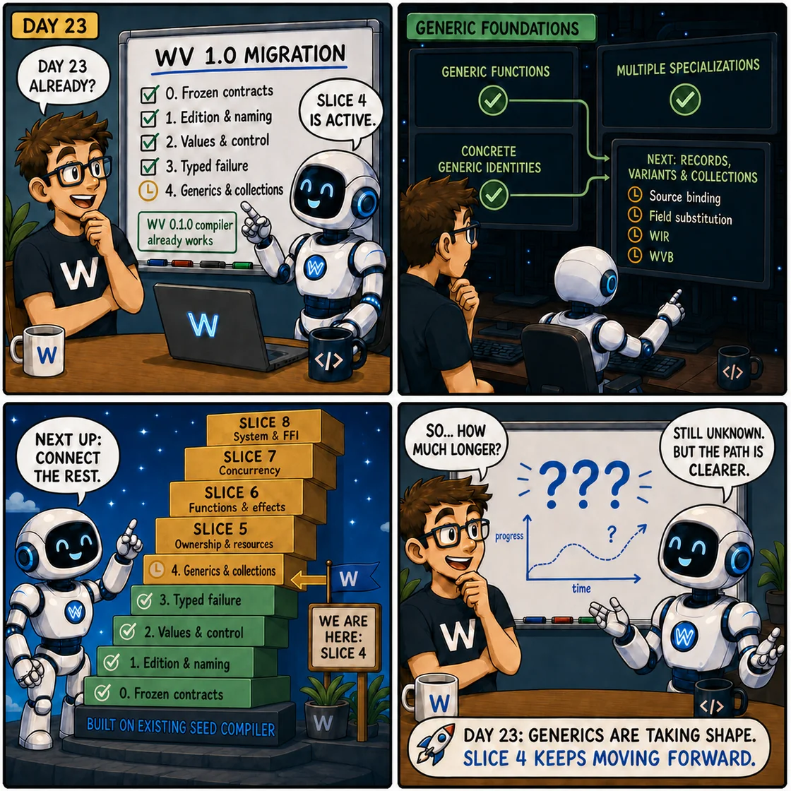 Four-panel Day 23 comic showing completed Language 1.0 migration Slices 0–3, active Slice 4 generic checkpoints, and the remaining compiler-integration path.